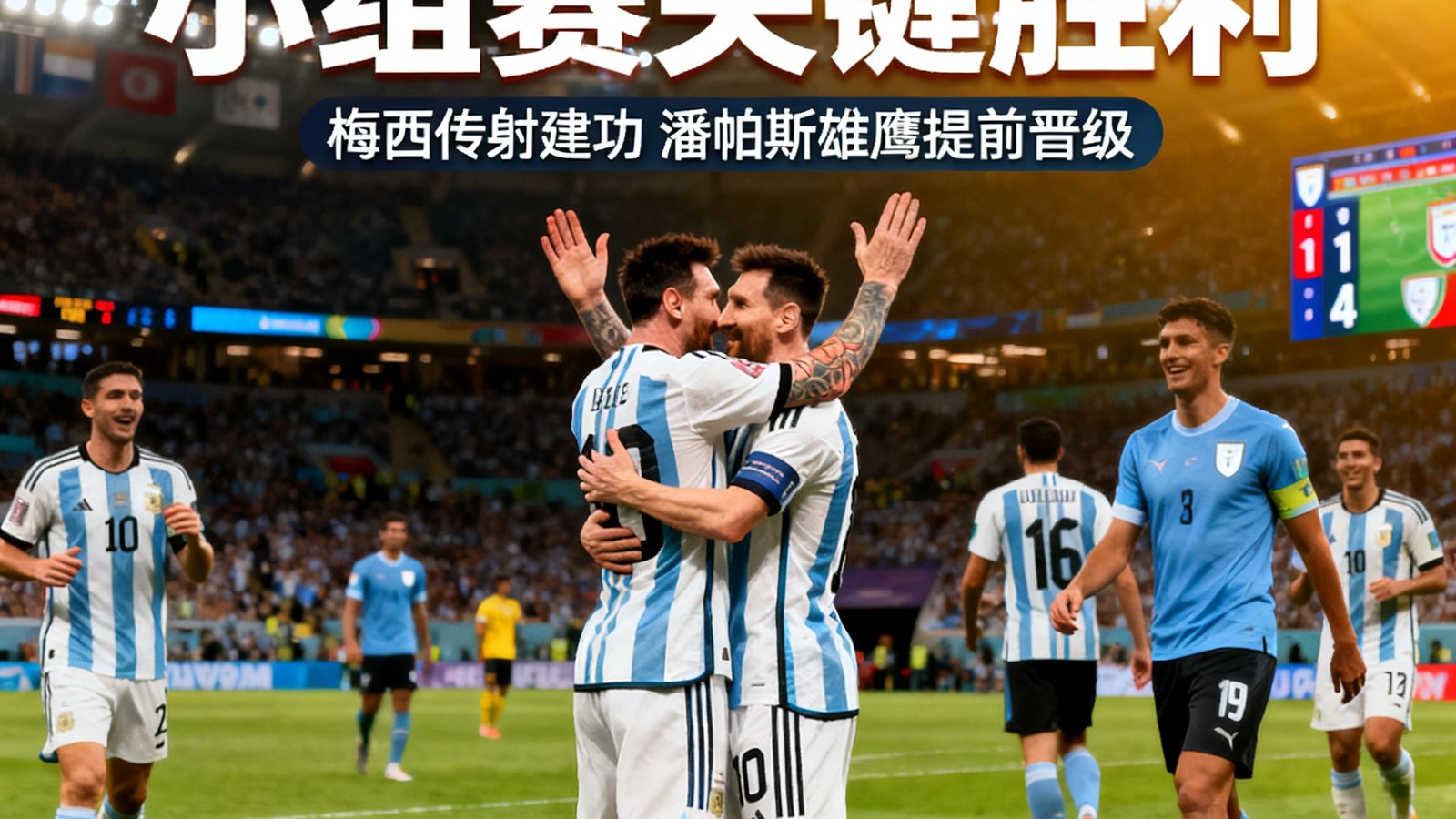 阿根廷2:0战胜乌拉圭赛后战报，梅西与队友庆祝小组赛关键胜利